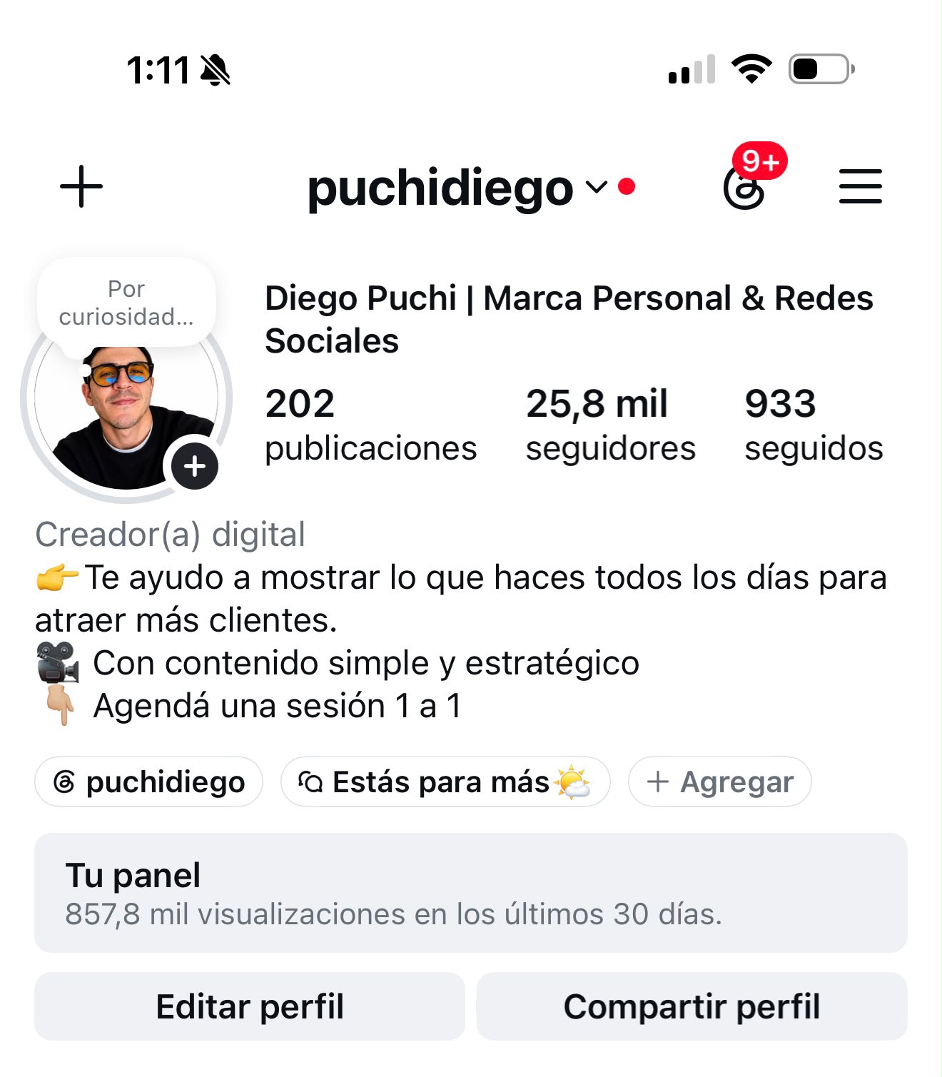 Mi perfil de Instagram después: 25,8 mil seguidores y 857,8 mil visualizaciones en 30 días